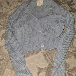 No Comment Paris Light Blue Cable-Knit Cropped Cardigan